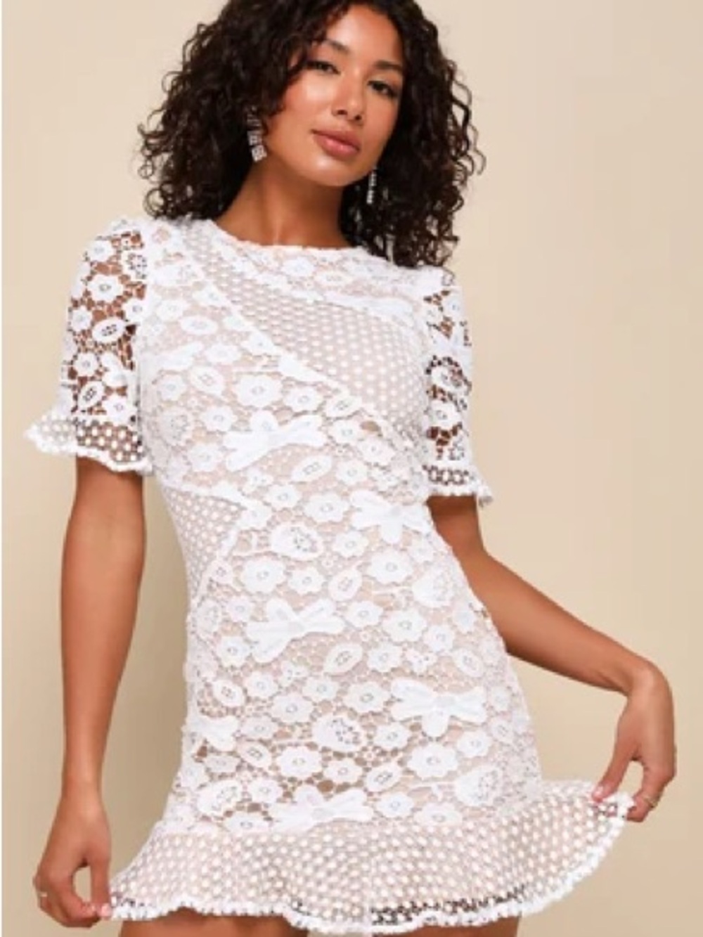 LULUS My Dearest White Lace Short Sleeve Mini Dress